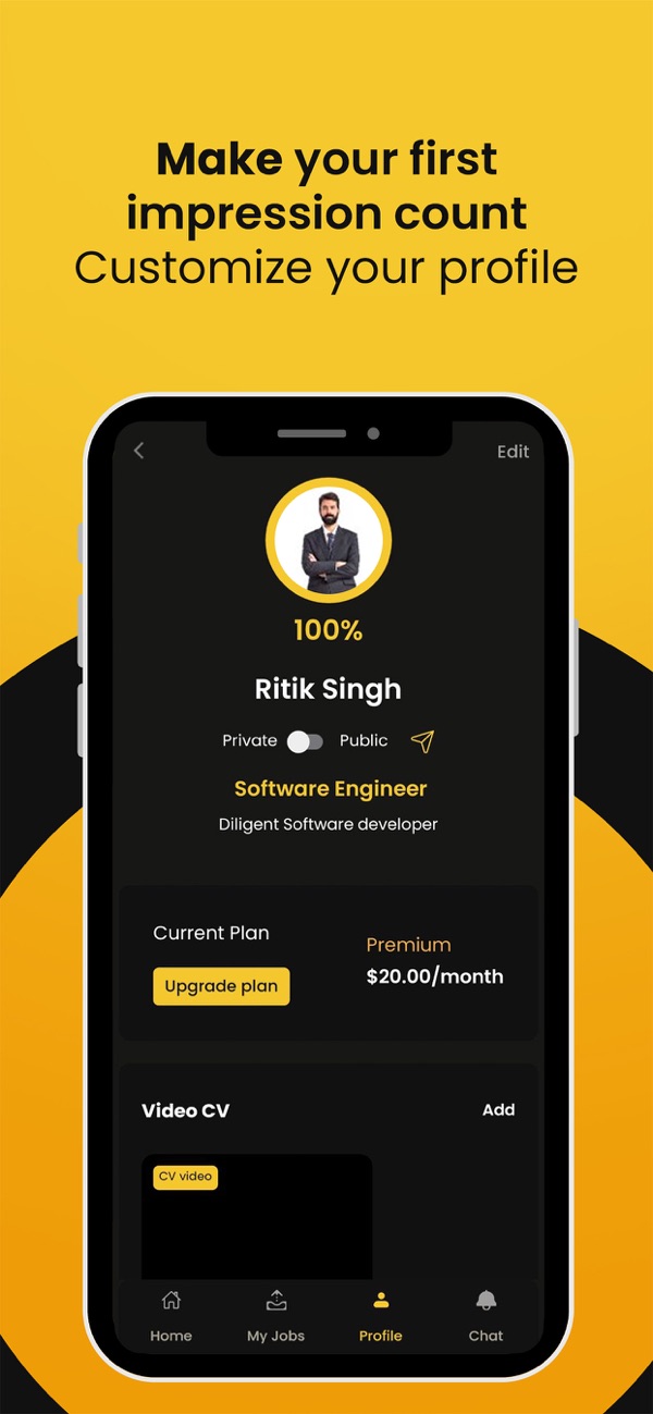 CMe Jobs screen: customise your profile with a video CV