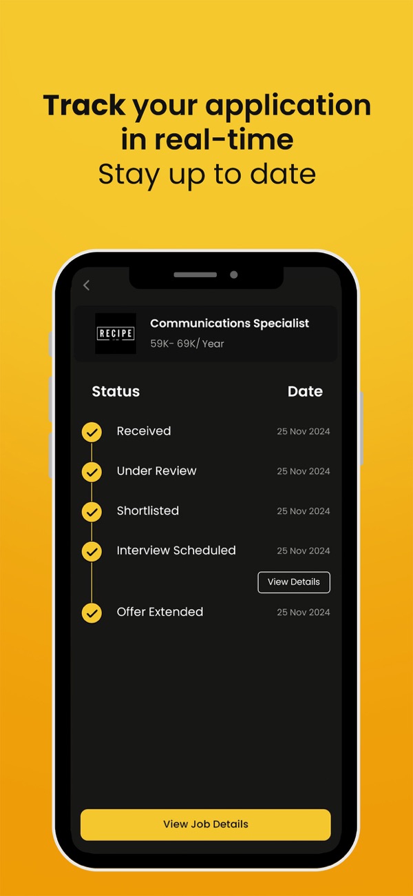 CMe Jobs screen: track your application in real time